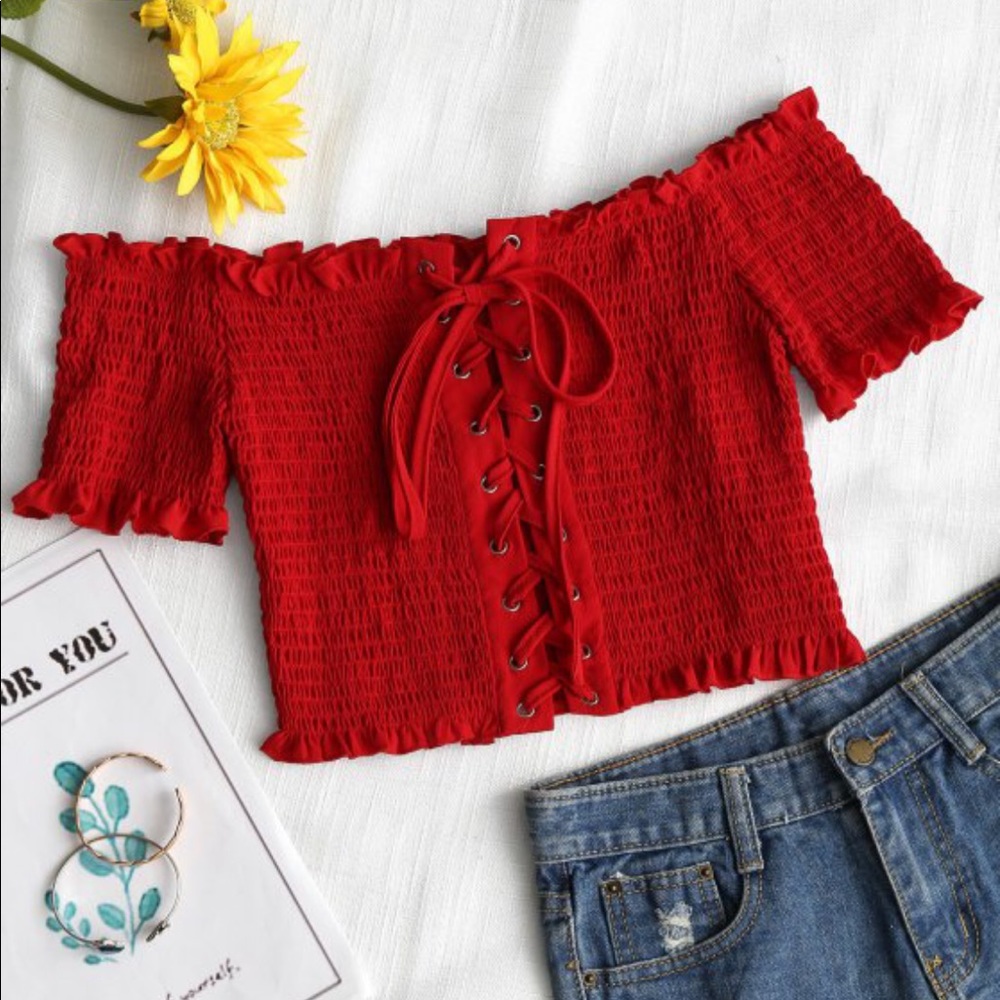 Lace up off shoulder top